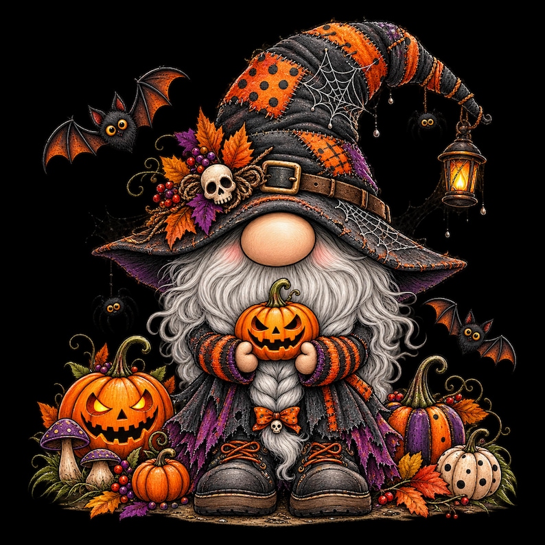May include: A gnome wearing a tall, patched witch hat with a skull, autumn leaves, and a hanging lantern. The gnome has a long white beard, holds a small jack-o'-lantern, and wears orange and black striped sleeves. Pumpkins, bats, and spiders surround it.