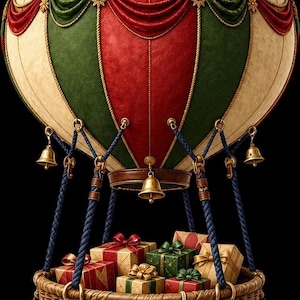 A hot air balloon with red, green, and cream panels holding a woven basket filled with wrapped gifts.