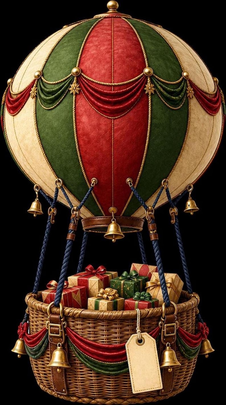 A hot air balloon with red, green, and cream panels holding a woven basket filled with wrapped gifts.