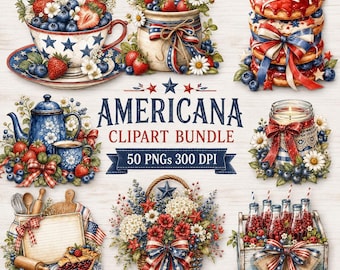 Americana Clipart Bundle, 50 PNGs 300 DPI | Patriotic Watercolor Graphics