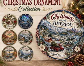 May include: A circular Christmas ornament featuring a map of the United States with a red truck carrying a tree, snowy mountains, and city skylines. The text reads Christmas Across America, United States Travel Keepsake, and 50 PNGs 300 DPI.
