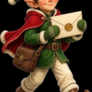 A digital sticker of an elf wearing a green and red outfit, pointing hat, and carrying a sealed letter and a leather satchel.