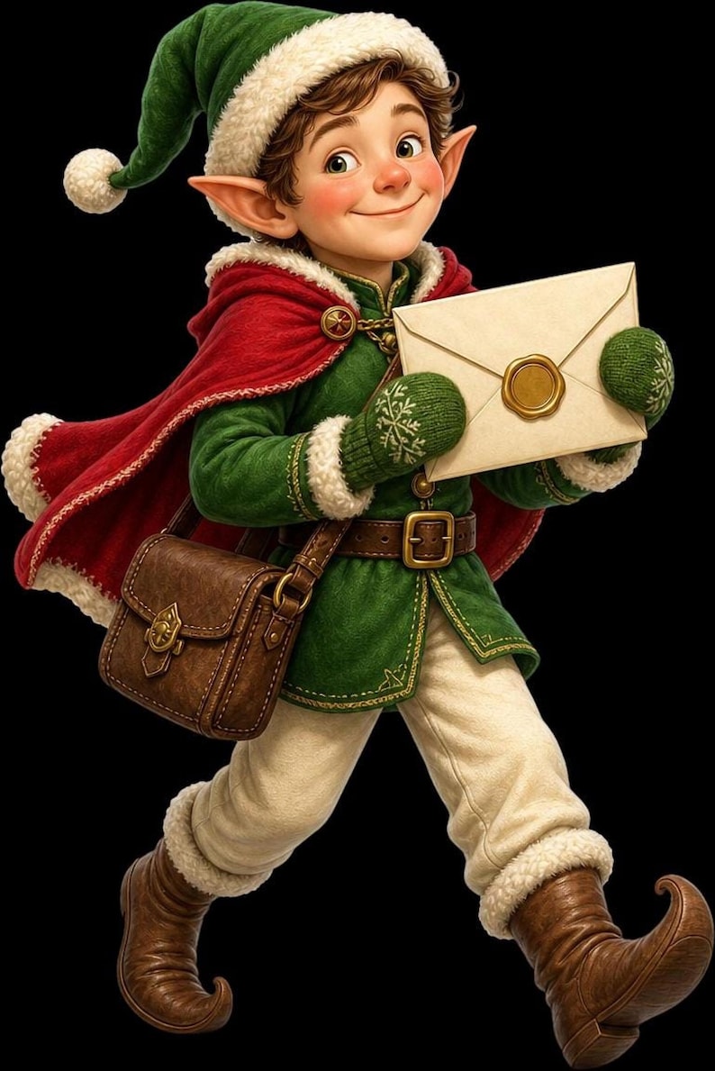 A digital sticker of an elf wearing a green and red outfit, pointing hat, and carrying a sealed letter and a leather satchel.