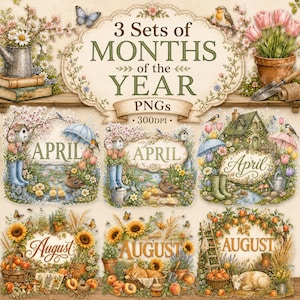 以下が含まれることがあります： 3 Sets of MONTHS of the YEAR PNGs 300DPIのデジタルコレクション。4月と8月のヴィンテージ風イラストが特徴です。デザインには、フラワーアレンジメント、ガーデニング用品、鳥、蝶、季節の風景が含まれています。