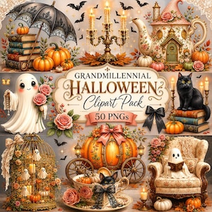 Può includere: Una collezione digitale di illustrazioni a tema Halloween con un fantasma, un gatto nero, una carrozza a forma di zucca, una teiera a forma di casa, una gabbia per uccelli e zucche. Il testo centrale recita GRANDMILLENNIAL HALLOWEEN Clipart Pack 50 PNGs.