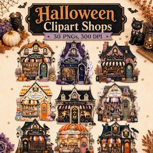 Halloween Shops Clipart, Watercolor PNG Bundle with 30 Designs, 300 DPI