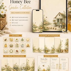 Op de afbeelding: Een digitale Honey Bee Garden collectie met 20 telefoonachtergronden, 30 tabletachtergronden, 53 iconen en een instructiebestand. De set bevat illustraties van bijen, madeliefjes, tuinhuisjes en bijenkorven in zachte crèmetinten.