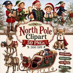 A collection of North Pole Christmas clipart graphics featuring elves, reindeer, a sleigh, and directional signs on a white background.