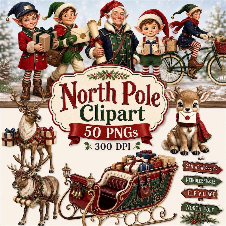 A collection of North Pole Christmas clipart graphics featuring elves, reindeer, a sleigh, and directional signs on a white background.