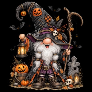 May include: A gnome dressed as a witch with a tall black hat featuring a jack-o'-lantern, holding a lit lantern and a wooden staff. The gnome has a long white beard, wears a tattered black robe with orange accents, and stands near pumpkins, a skull, and a tombstone.