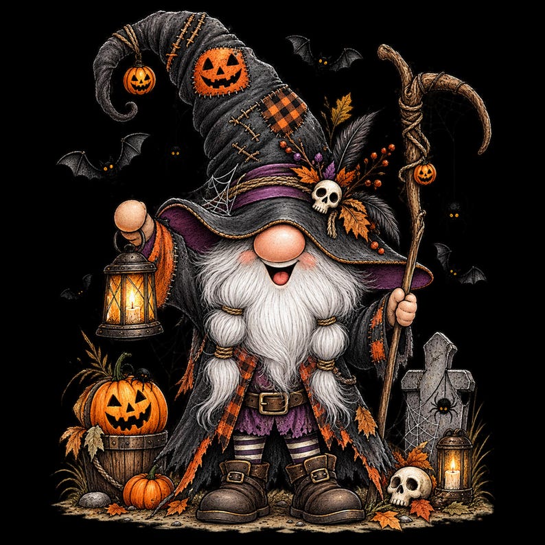 May include: A gnome dressed as a witch with a tall black hat featuring a jack-o'-lantern, holding a lit lantern and a wooden staff. The gnome has a long white beard, wears a tattered black robe with orange accents, and stands near pumpkins, a skull, and a tombstone.