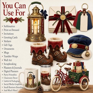 A product mockup showcase displaying digital Christmas graphics used on items like mugs, tumblers, tags, and boots, with text listing potential uses.