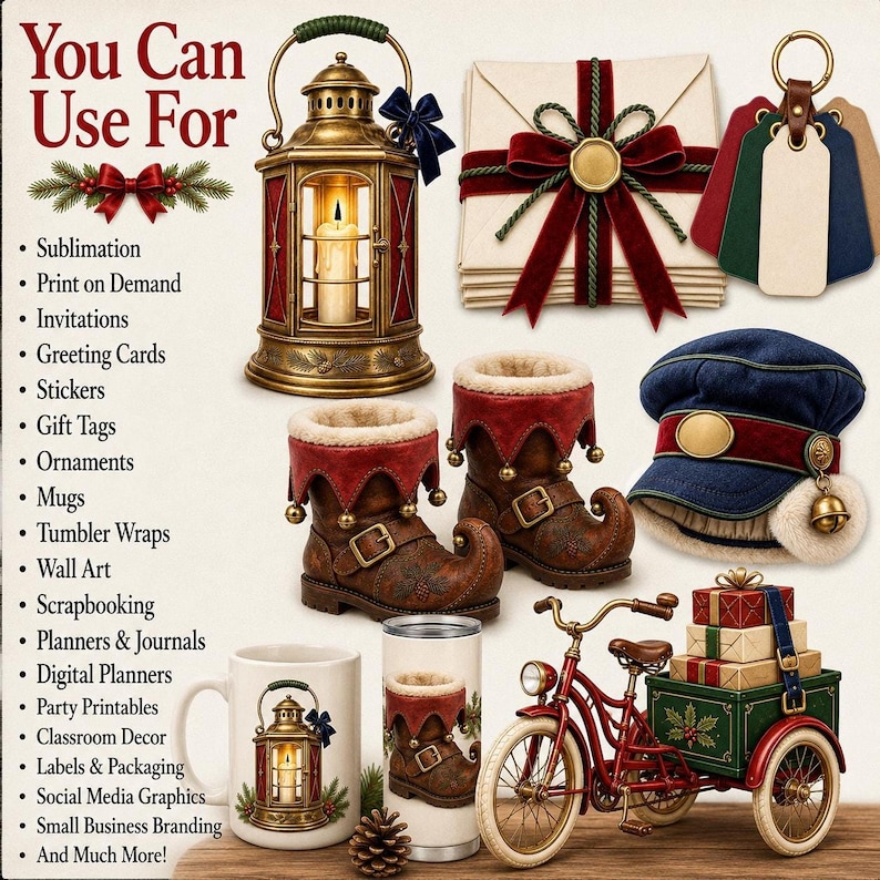 A product mockup showcase displaying digital Christmas graphics used on items like mugs, tumblers, tags, and boots, with text listing potential uses.