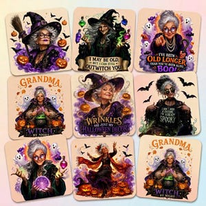 May include: A collection of square Halloween-themed art prints featuring illustrations of elderly witches. Each print showcases a different witch with pumpkins, bats, and text like "I may be old, but I can still outwitch you" and "Wrinkles are just my Halloween decor."