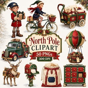 A digital compilation of Christmas-themed PNG clipart including elves, reindeer, a truck, mailboxes, and a hot air balloon against a white background.