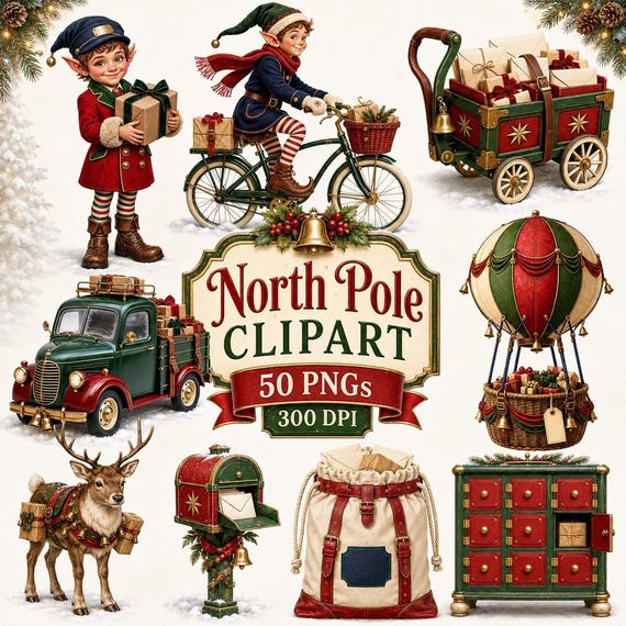 Christmas Clipart, 50 PNGs at 300 DPI | North Pole Delivery Designs