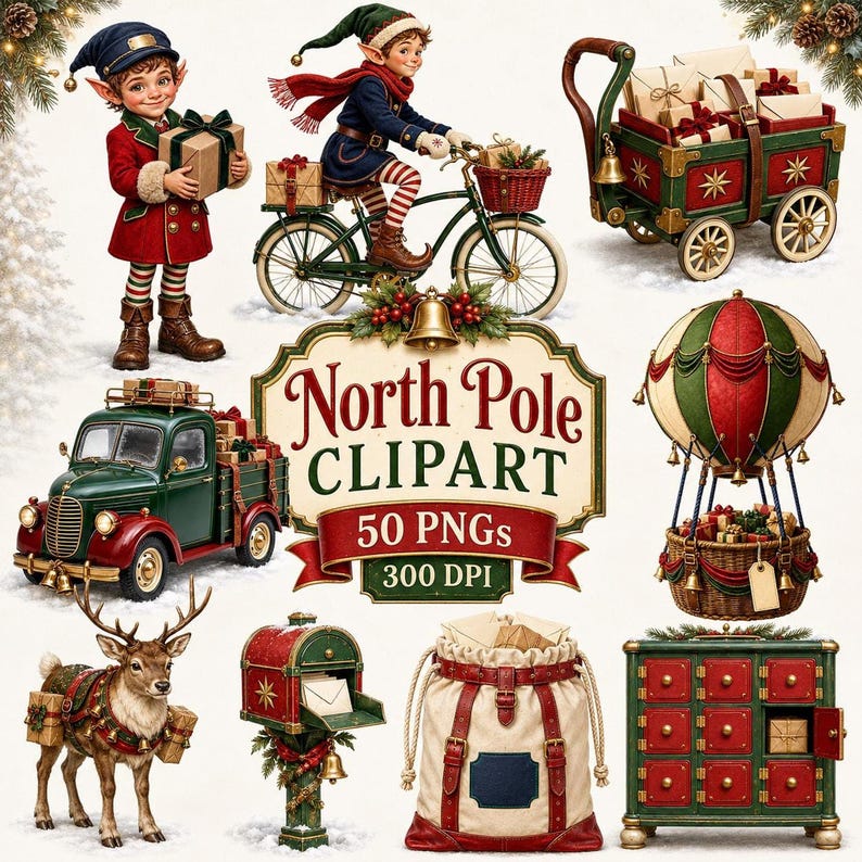 A digital compilation of Christmas-themed PNG clipart including elves, reindeer, a truck, mailboxes, and a hot air balloon against a white background.
