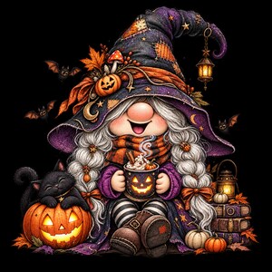 May include: A gnome wearing a purple witch hat with a hanging lantern, holding a glowing jack-o'-lantern mug with whipped cream. The gnome has long white hair, a striped scarf, and boots. A black cat sits on a large pumpkin next to books.