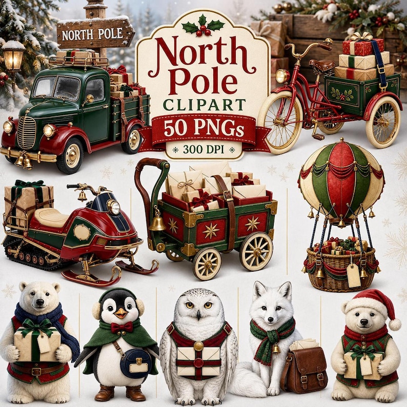 An arrangement of Christmas clipart including a red truck, sleigh, hot air balloon, polar animals, and a North Pole sign.