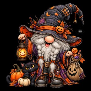 May include: A gnome dressed as a witch wearing a tall black hat with orange patches, holding a glowing jack-o'-lantern lantern. The gnome has a long white beard, a black cat, pumpkins, and a burlap sack filled with colorful candy treats.