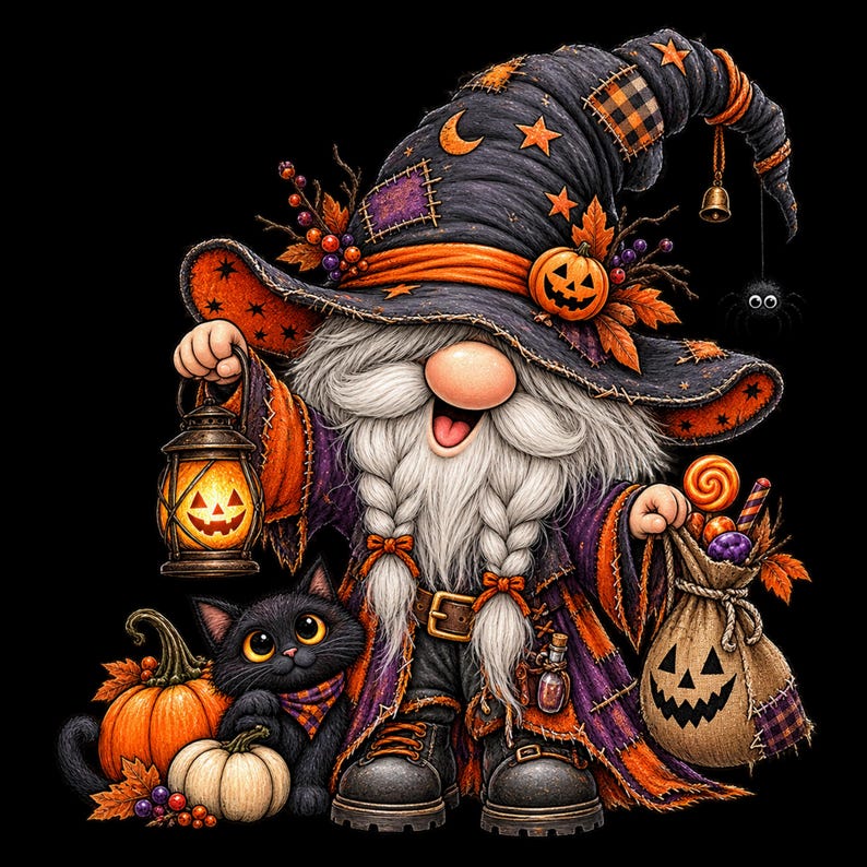 May include: A gnome dressed as a witch wearing a tall black hat with orange patches, holding a glowing jack-o'-lantern lantern. The gnome has a long white beard, a black cat, pumpkins, and a burlap sack filled with colorful candy treats.