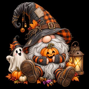 May include: A gnome wearing a tall black and orange plaid hat with a buckle, holding a jack-o'-lantern. Beside the gnome is a smiling ghost, a lit lantern, small pumpkins, and colorful candies, all set against a solid black background.