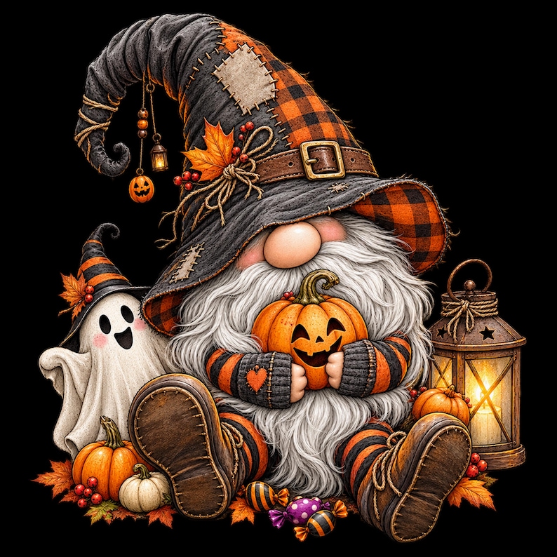 May include: A gnome wearing a tall black and orange plaid hat with a buckle, holding a jack-o'-lantern. Beside the gnome is a smiling ghost, a lit lantern, small pumpkins, and colorful candies, all set against a solid black background.