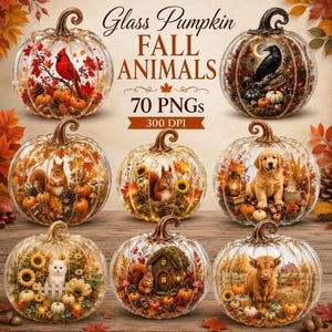 Glass Pumpkin PNG, 70-Piece Watercolor Fall Clipart Bundle