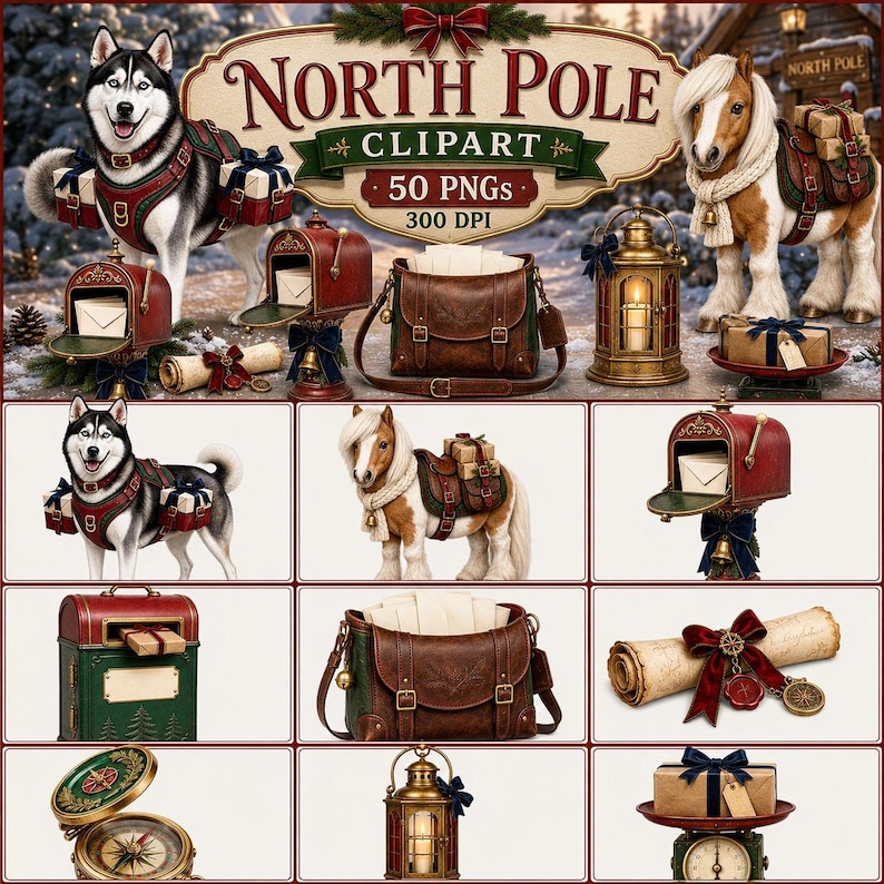 A display of Christmas clipart featuring a husky, pony, mailboxes, leather bags, lanterns, and navigational items.