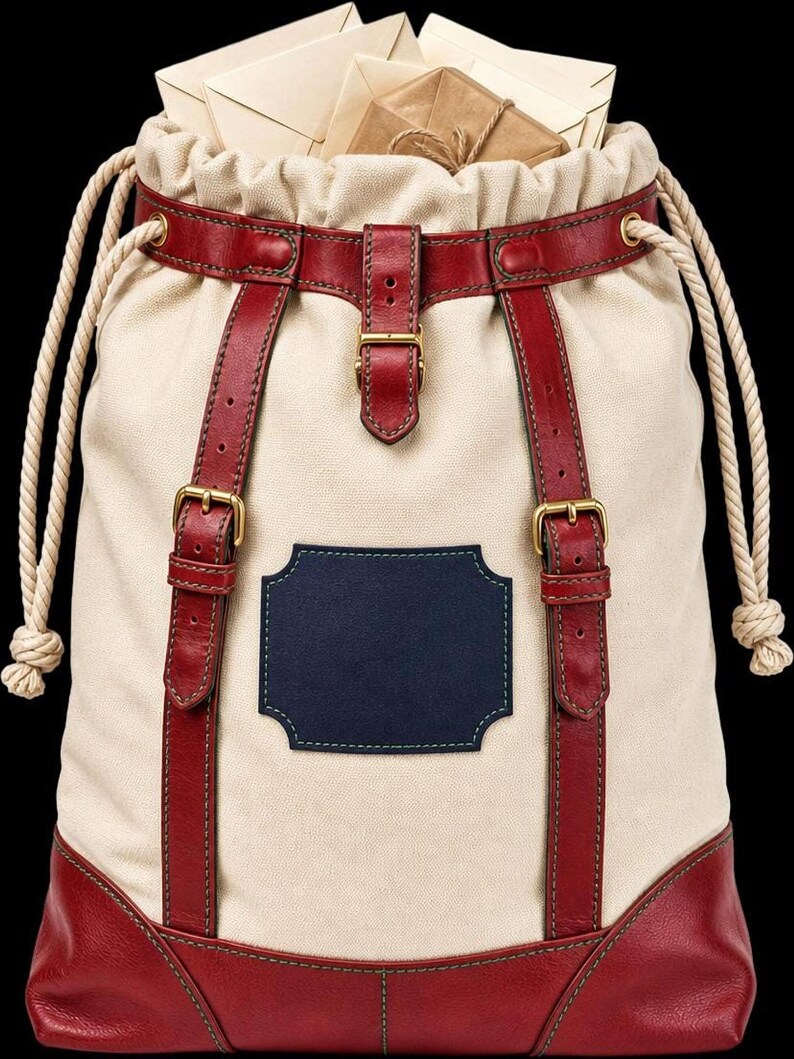 A canvas drawstring bag with red leather straps, brass buckles, and envelopes sticking out of the top.