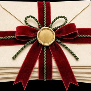 A stack of cream-colored envelopes tied with a red velvet bow, green cord, and a blank gold wax seal.