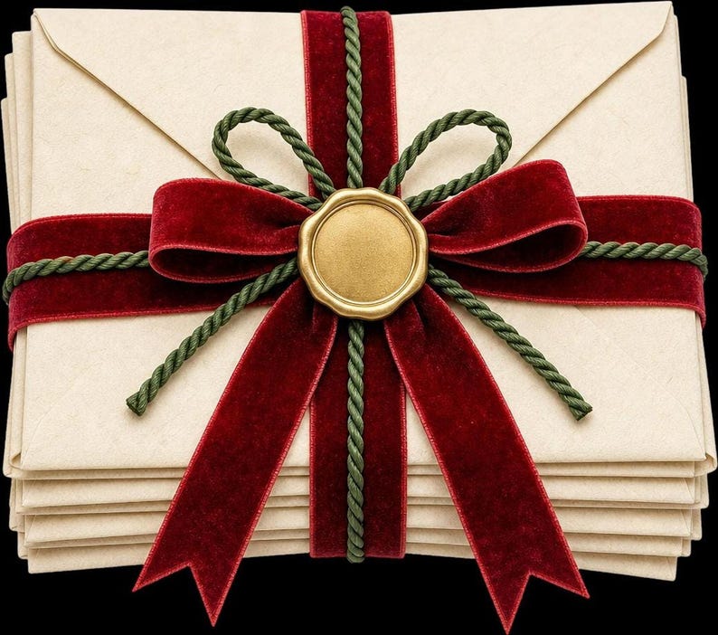 A stack of cream-colored envelopes tied with a red velvet bow, green cord, and a blank gold wax seal.