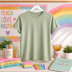 May include: A solid sage green short-sleeve t-shirt with a crew neckline, displayed on a white hanger. The shirt features a simple, plain design with cuffed sleeves and a smooth, uniform fabric texture, presented in a neutral, minimalist style.