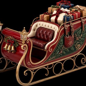 A detailed digital graphic of a festive red and green Santa sleigh filled with wrapped presents and decorated with gold accents and bells.