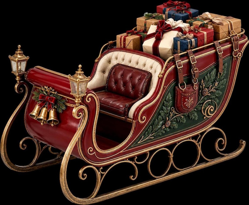 A detailed digital graphic of a festive red and green Santa sleigh filled with wrapped presents and decorated with gold accents and bells.