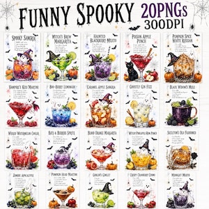 Pode incluir: Uma coleção digital de 20 cartões de receitas de coquetéis com tema de Halloween intitulada FUNNY SPOOKY 20PNGs 300DPI. Cada cartão apresenta uma ilustração única de bebida com ingredientes, incluindo Spooky Sangria e Zombie Apocalypse.
