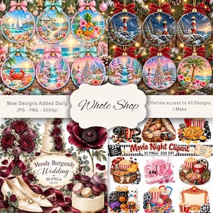 May include: A digital collection of graphic design assets featuring round Christmas ornaments with coastal and winter scenes, a burgundy wedding floral arrangement with a tiered cake, and movie night themed clipart with popcorn and film reels.