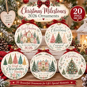 May include: Five round ceramic Christmas ornaments featuring festive illustrations of houses and pine trees with red ribbon bows. Text includes Christmas Milestones 2026 Ornaments, First Christmas in our new home 2026, Our First Christmas Engaged 2026, First Christmas As a Family 2026, and 20 Beautiful Ornaments for Life's Special Moments.