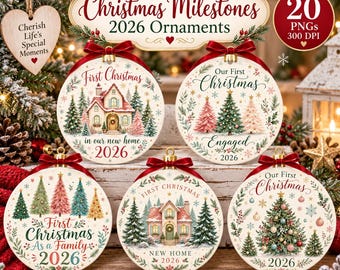May include: Five round ceramic Christmas ornaments featuring festive illustrations of houses and pine trees with red ribbon bows. Text includes Christmas Milestones 2026 Ornaments, First Christmas in our new home 2026, Our First Christmas Engaged 2026, First Christmas As a Family 2026, and 20 Beautiful Ornaments for Life's Special Moments.