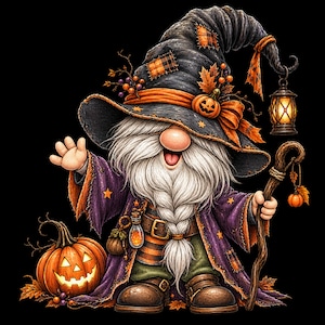 May include: A gnome wizard wearing a tall, dark, patched hat with an orange pumpkin accent and a hanging lantern. The gnome has a long white beard, a purple robe with star patterns, and holds a wooden staff. A glowing jack-o'-lantern sits nearby.