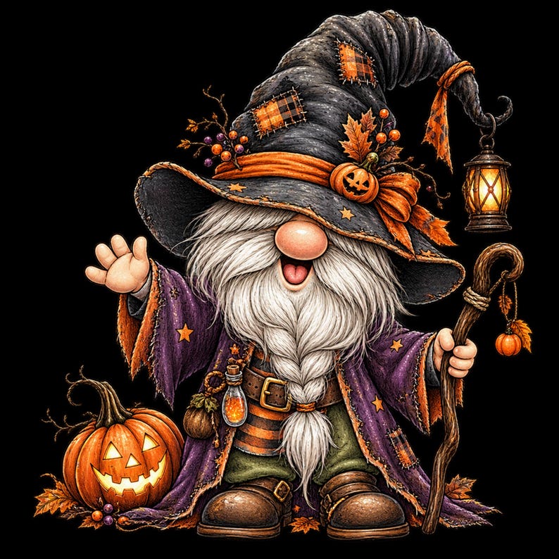 May include: A gnome wizard wearing a tall, dark, patched hat with an orange pumpkin accent and a hanging lantern. The gnome has a long white beard, a purple robe with star patterns, and holds a wooden staff. A glowing jack-o'-lantern sits nearby.