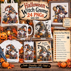 May include: A digital collection of 24 Halloween witch gnome PNG files featuring illustrations of gnomes in pointed hats with pumpkins, lanterns, and autumn leaves, displayed on various items including a tote bag, mug, pillow, shirt, and notebook.