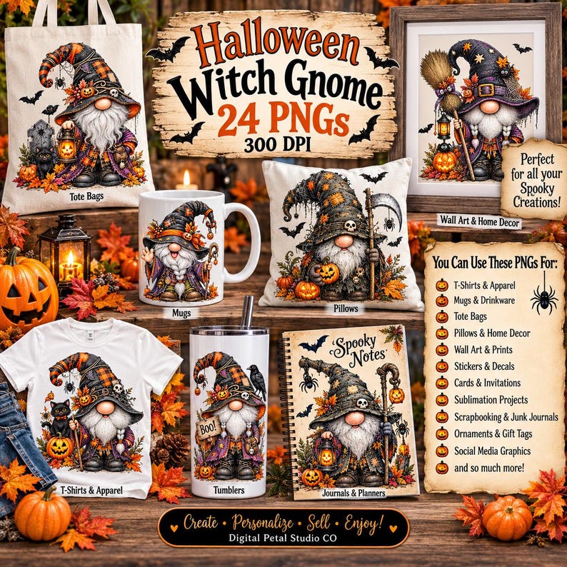 May include: A digital collection of 24 Halloween witch gnome PNG files featuring illustrations of gnomes in pointed hats with pumpkins, lanterns, and autumn leaves, displayed on various items including a tote bag, mug, pillow, shirt, and notebook.