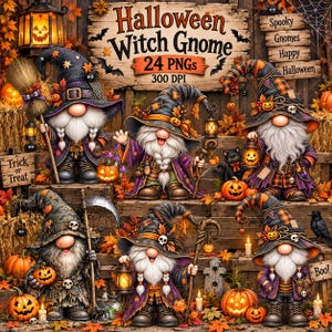 Op de afbeelding: Een digitale collectie van 24 Halloween heks-kabouter PNG-bestanden met zes verschillende kabouterfiguren in paarse en oranje outfits met puntmutsen, pompoenen, lantaarns en schedels tegen een rustieke houten achtergrond met herfstbladeren.
