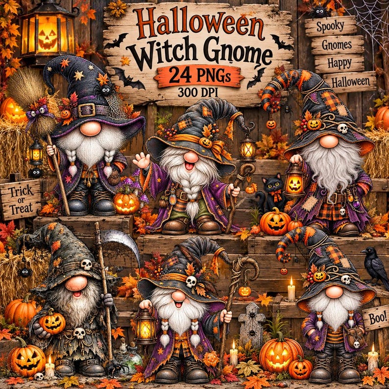 May include: A digital collection of 24 Halloween Witch Gnome PNG files featuring six distinct gnome characters in purple and orange outfits with pointed hats, pumpkins, lanterns, and skulls, set against a rustic wooden background with autumn leaves.