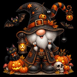 May include: A gnome wearing a black and orange witch hat with a pumpkin and spider, holding a glowing lantern. The gnome has a white beard, black coat, and boots. Surrounded by jack-o'-lanterns, a skull, bats, and a black cat with a skull bow.