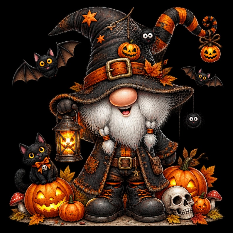 May include: A gnome wearing a black and orange witch hat with a pumpkin and spider, holding a glowing lantern. The gnome has a white beard, black coat, and boots. Surrounded by jack-o'-lanterns, a skull, bats, and a black cat with a skull bow.