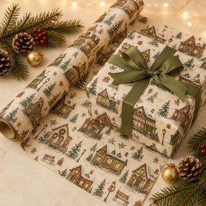 Puede incluir: Un rollo de papel de regalo color crema y una caja envuelta con el mismo papel, ambos con una ilustración repetida de casas nevadas, pinos y farolas. La caja de regalo está atada con una cinta ancha de color verde oliva oscuro.
