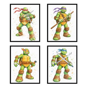 Juego de 4 láminas de acuarela de las Tortugas Ninja Superhéroes, Ninja Mutante, Tortugas Ninja Adolescentes, Decoración para habitación infantil, Póster de superhéroe para guardería, regalo te