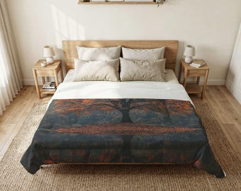 Edredom com estampa de árvores de outono | Edredom de algodão, roupa de cama com estampa de paisagem outonal